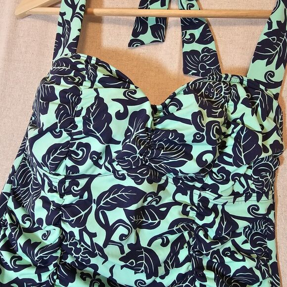 Lands' End Women’s Tankini Top Aqua Mint Green With Navy Blue Floral Slimming 6 - Picture 2 of 8